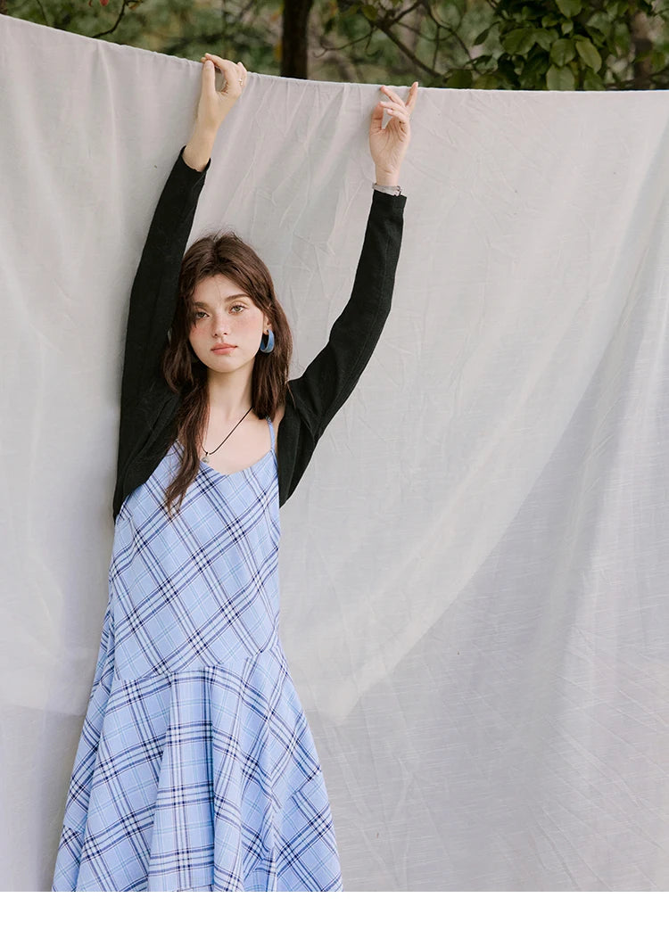 Mishow Blue Plaid Sleeveless A-Line Dress MXE33L2260