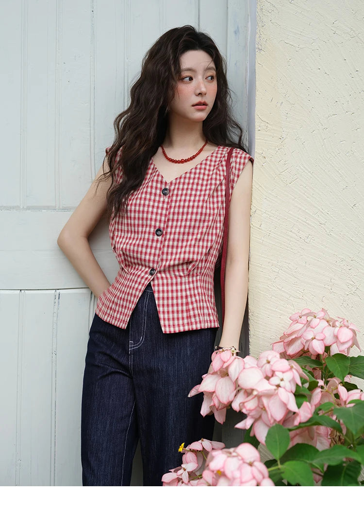 MISHOW Red Plaid V-Neck Shirt Button Front MXE37X1921