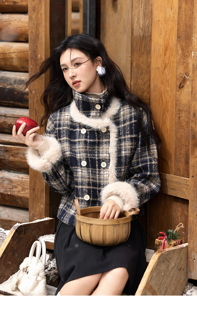 Mishow Vintage Plaid Fur Collar Stand Collar Jacket MXD36W0503