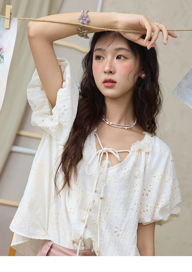 MISHOW Embroidery Jacquard Shirt V-Neck Lace Up Puff Sleeve MXE35X1790