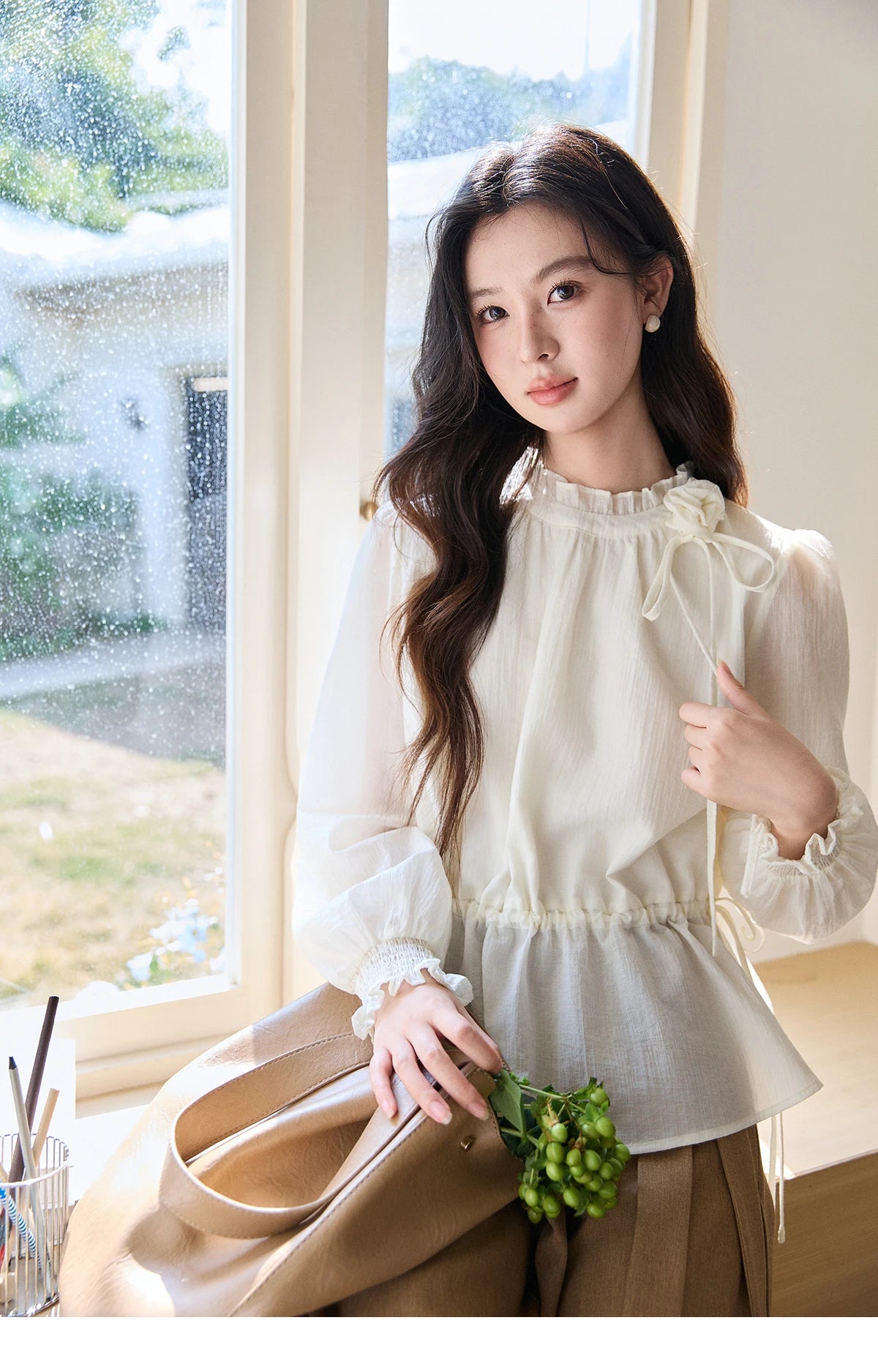 MISHOW Ruffled Stand Collar Blouse Drawstring Waist Puff Sleeve MXF11C2428