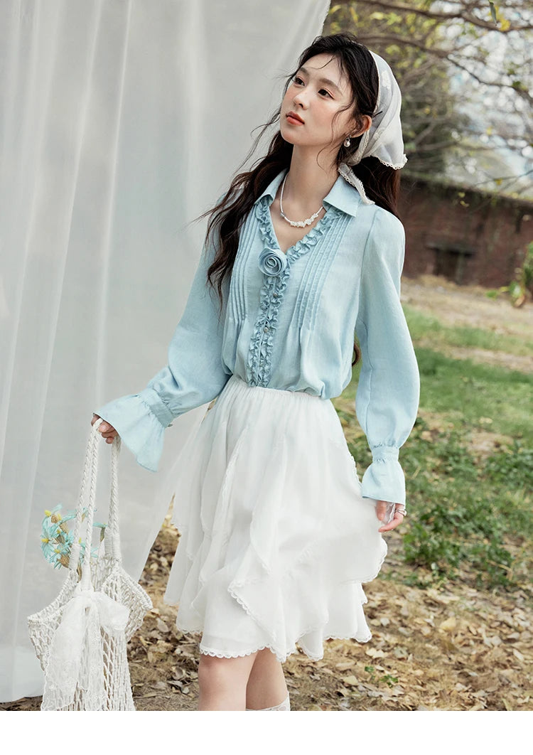 MISHOW V-Neck Long Flare Sleeve Solid Blouse MXE14X1730