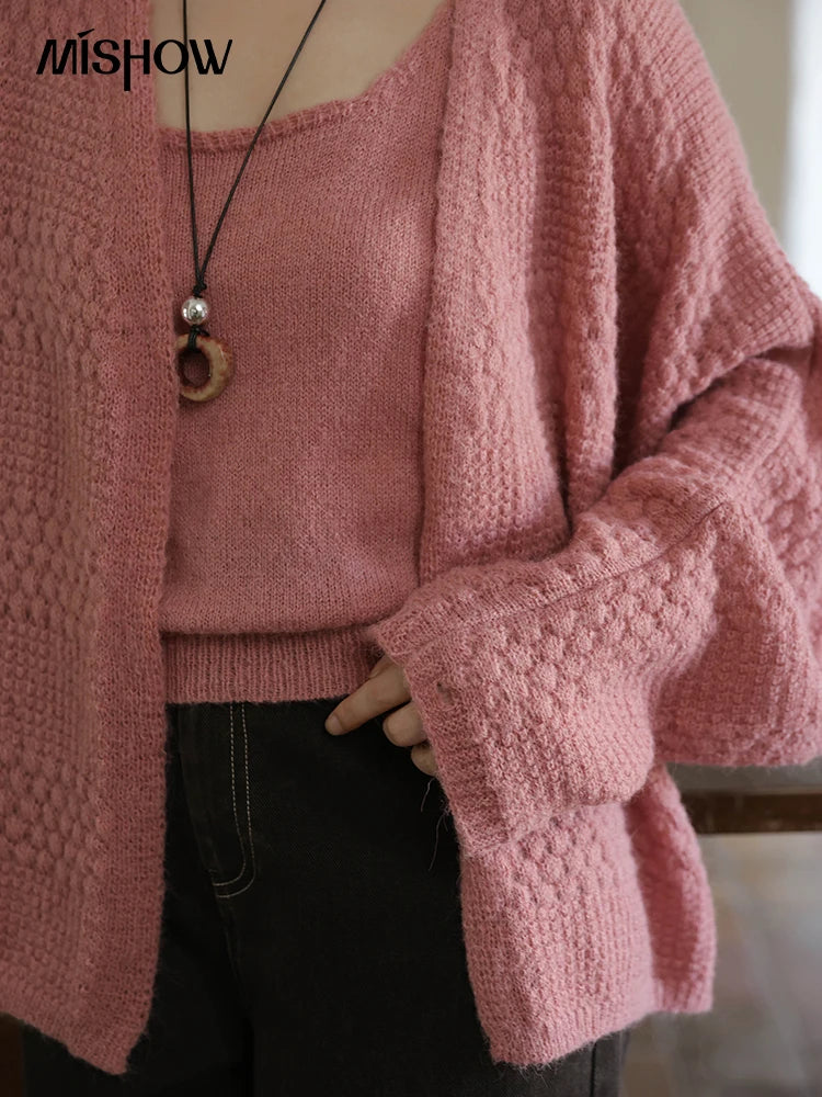 Mishow Pink Long Sleeves Cardigan with Vest Set MXE44T0737
