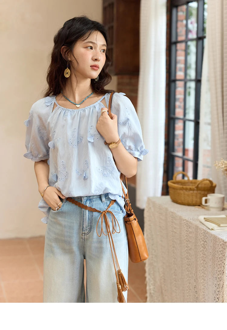 MISHOW Butterfly Embroidery Blouse Hollow Out O-Neck MXE36X1878