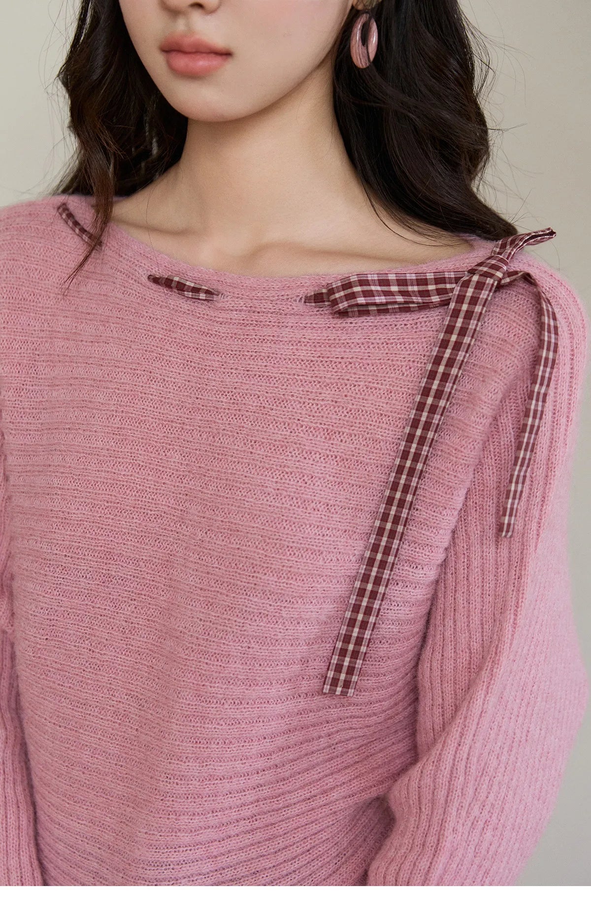 Mishow Pink Plaid Bow Peplum Ribbed Sweater MXF11Z3016
