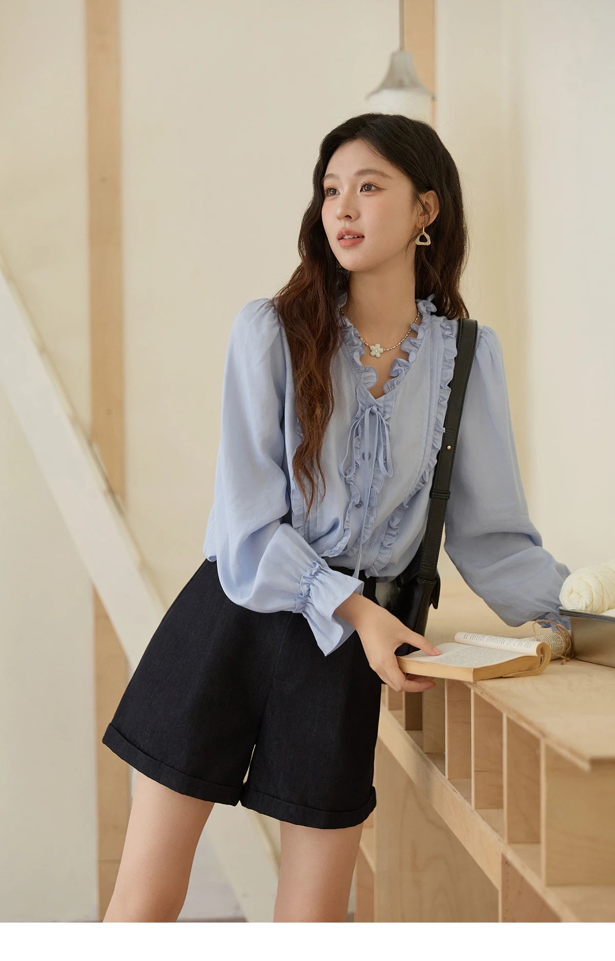 MISHOW 100% Lyocell Blue Shirt French Ruffles Ties MXE45X2484