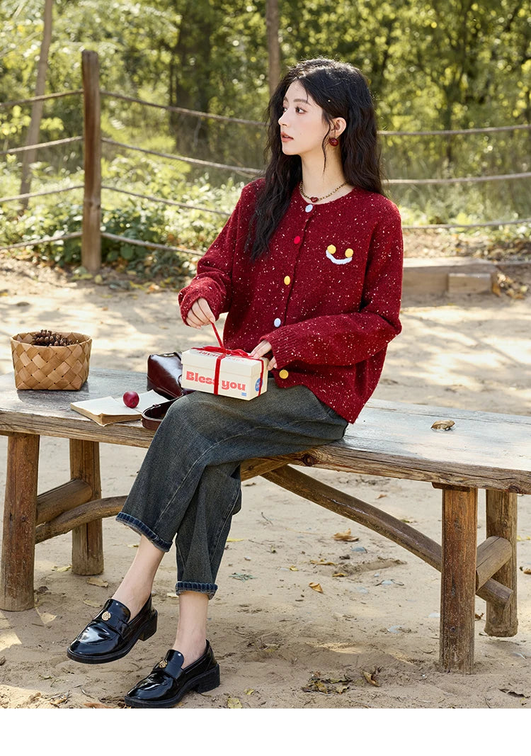 Mishow Smile Embroidery Contrast Color Wool Cardigan MXD35Z0988
