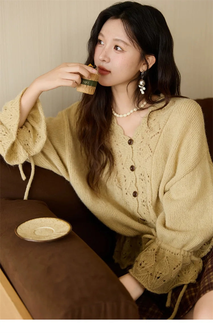 Mishow Hollow Knit V-Neck Flared Sleeve Cardigan MXE47Z2513