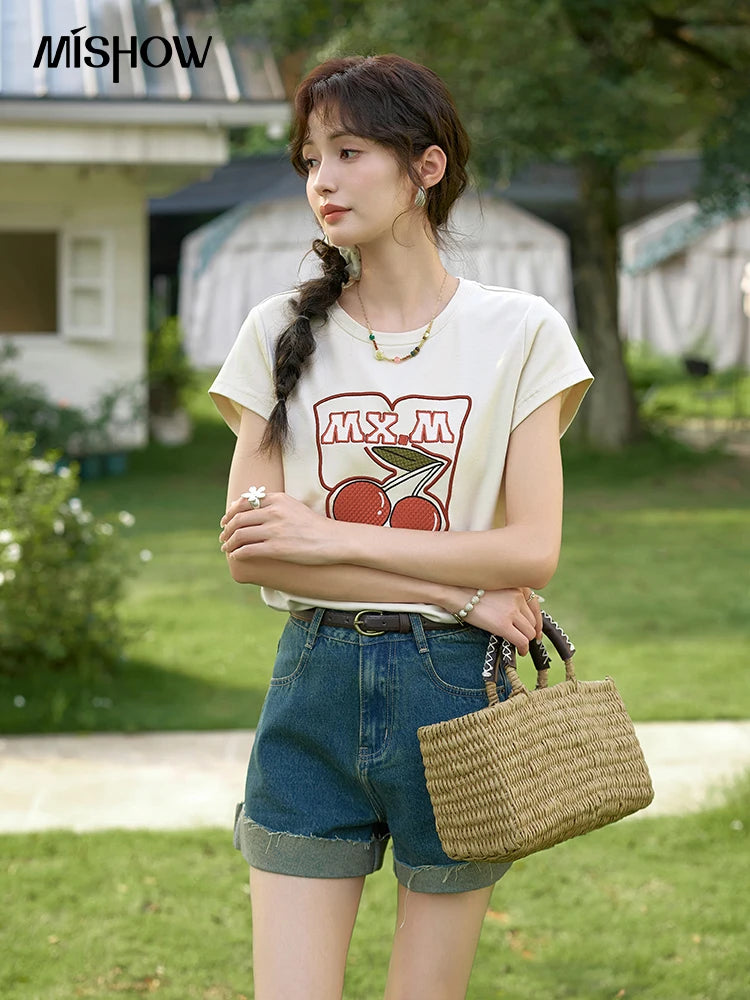 Mishow High Waist Curled Edge Denim Shorts MXD30K0659