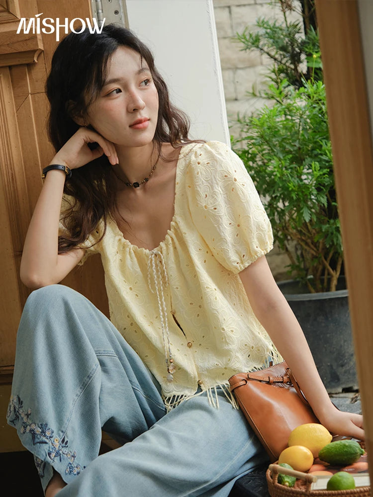 MISHOW Hollow Out Blouse Embroidery Puff Sleeve Square Collar Tassel MXE37X1851