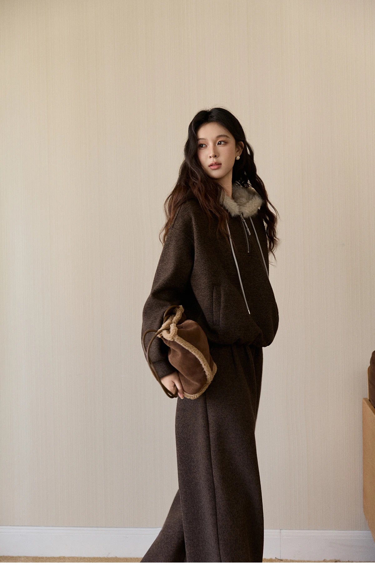 Mishow Brown Faux Fur Hood Sweatshirt & Wide Leg Pants Set MXE94T1476