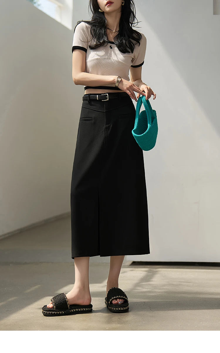 MISHOW Suit Straight Midi Skirt High Waist Slim Front Fork Rear Elastic MXC15B0026