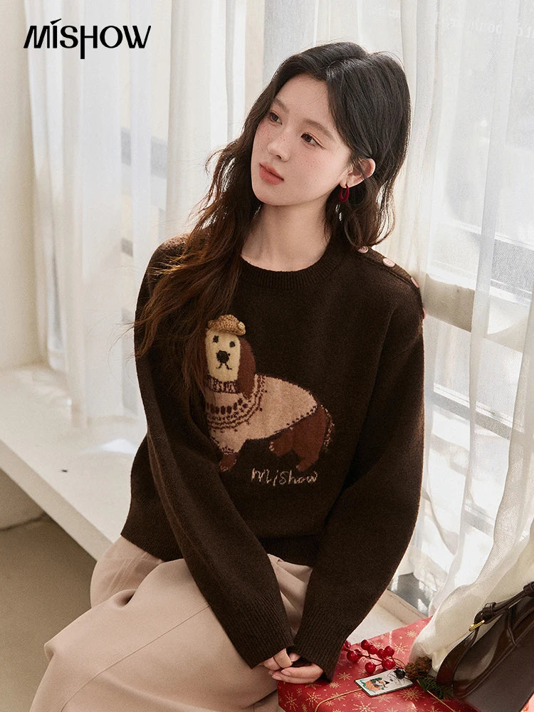 Mishow French Crew Neck Dog Jacquard Pullover MXE94Z2890