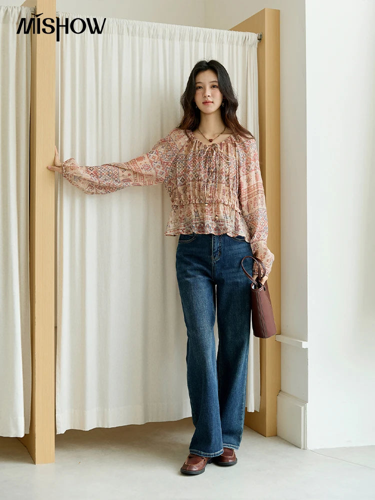 MISHOW National Style Printed Blouse Round Neck Drop Sleeve MXE47X2508