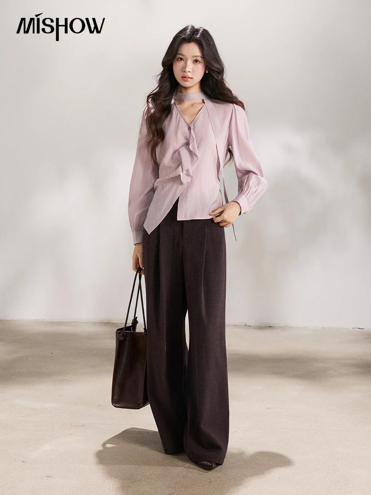 MISHOW Dark Purple Wide Leg Pants High Waist Pleated MXF13K1204