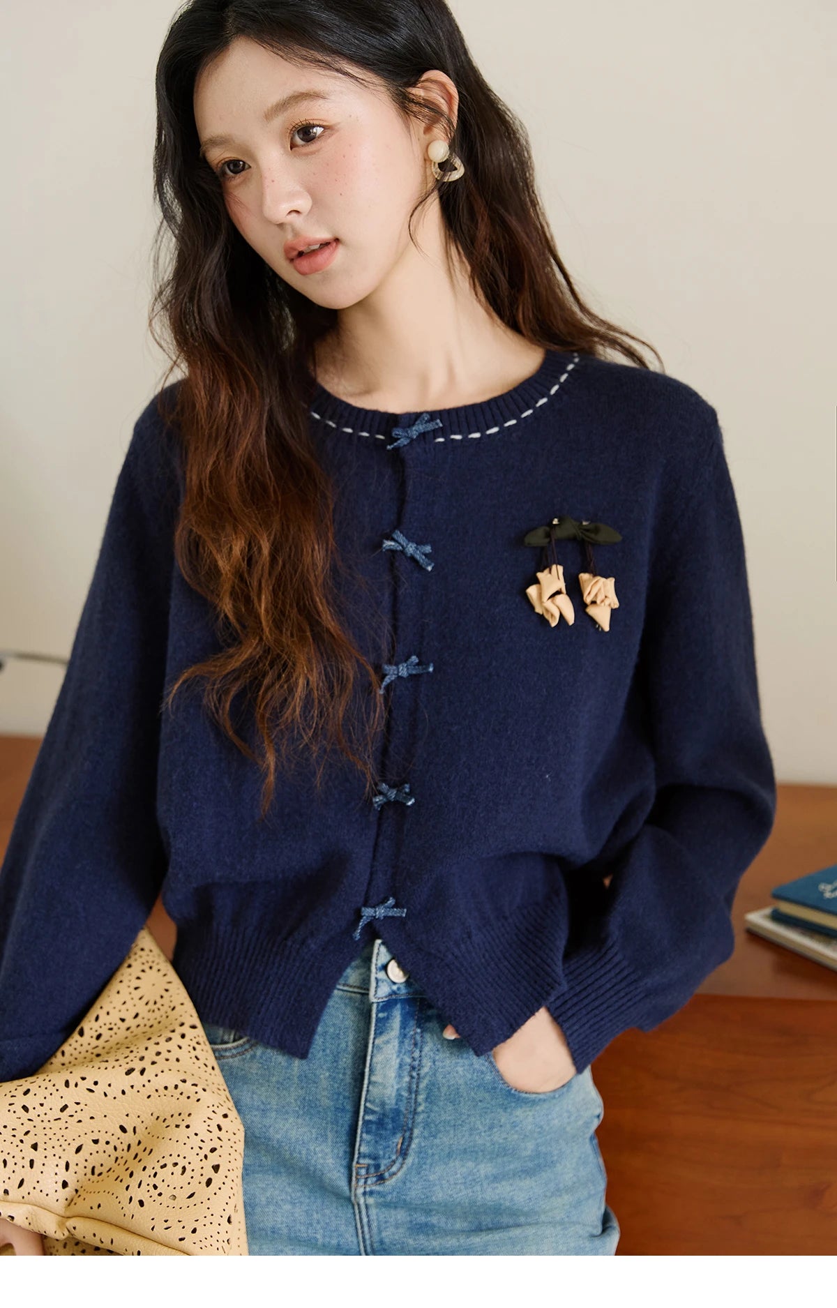 Mishow Bow Placket Lantern Sleeve Cardigan with Brooch MXE45Z1377
