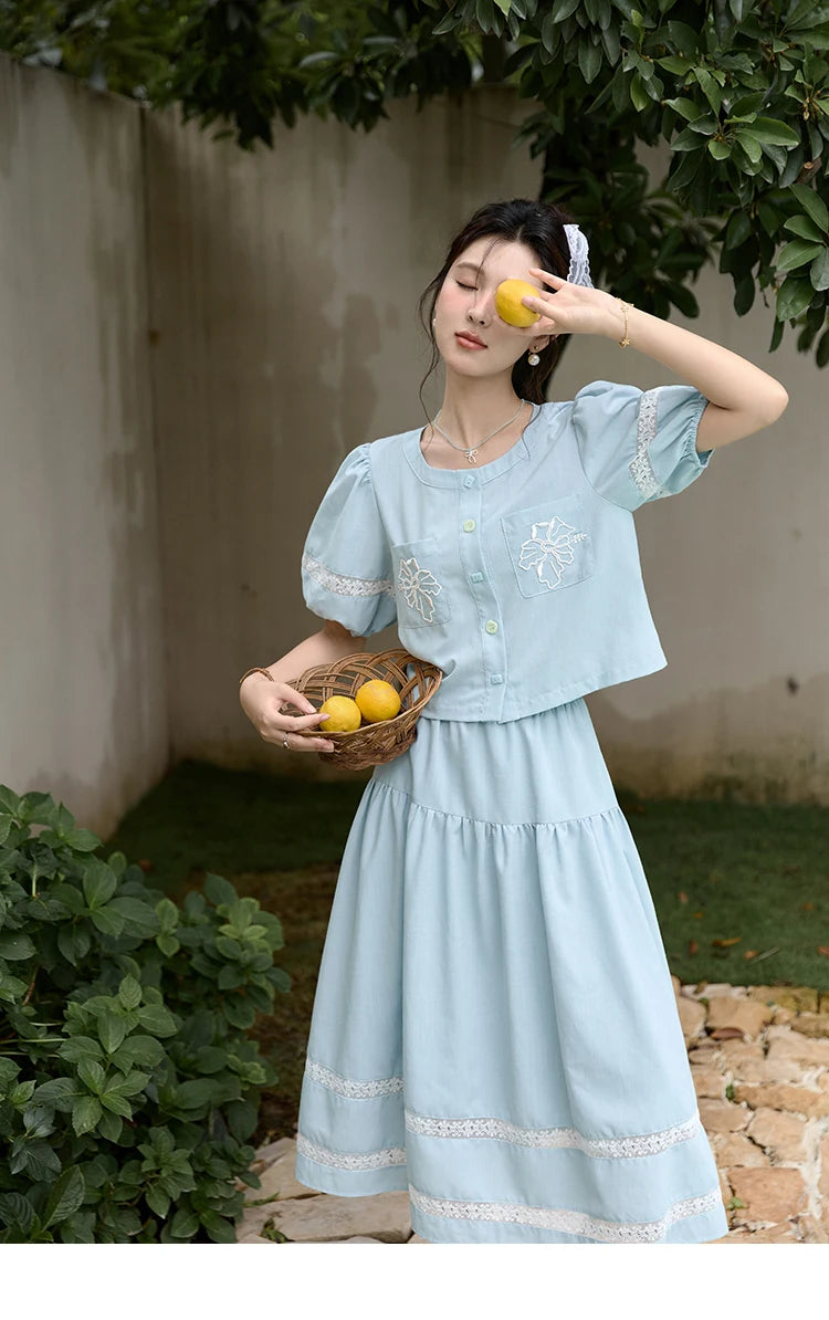 MISHOW Blue Lace Patchwork Top Elastic Waist Skirt Set MPD22B0450