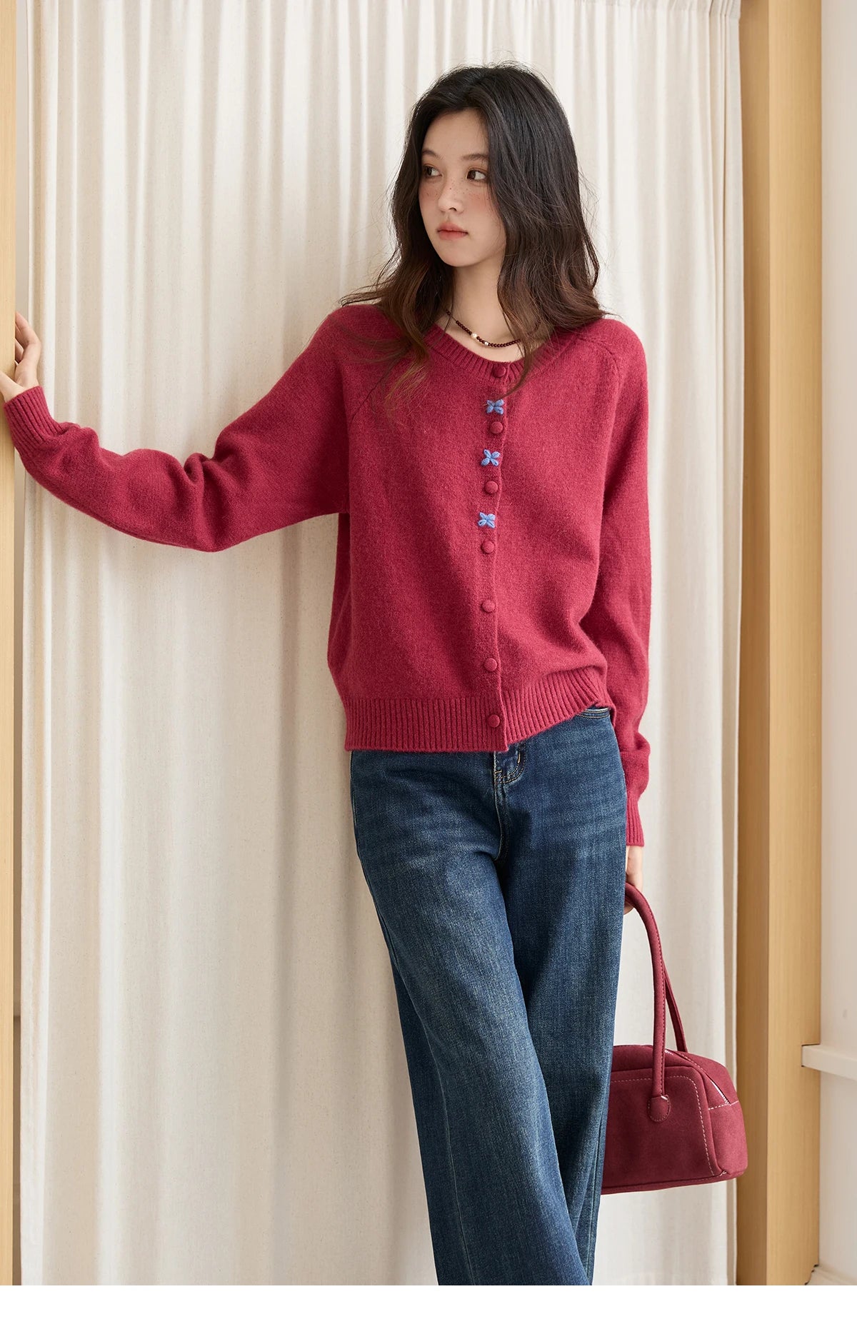 Mishow Red Round Neck Embroidered Cardigan MXE47Z2621