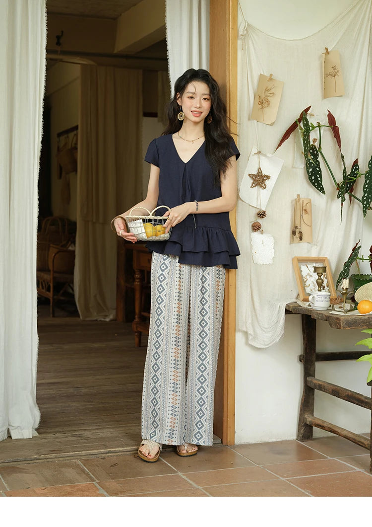 Mishow Lotus Leaf Edge V-Neck Blouse & Geometric Wide Leg Pants Set MXE39T0670