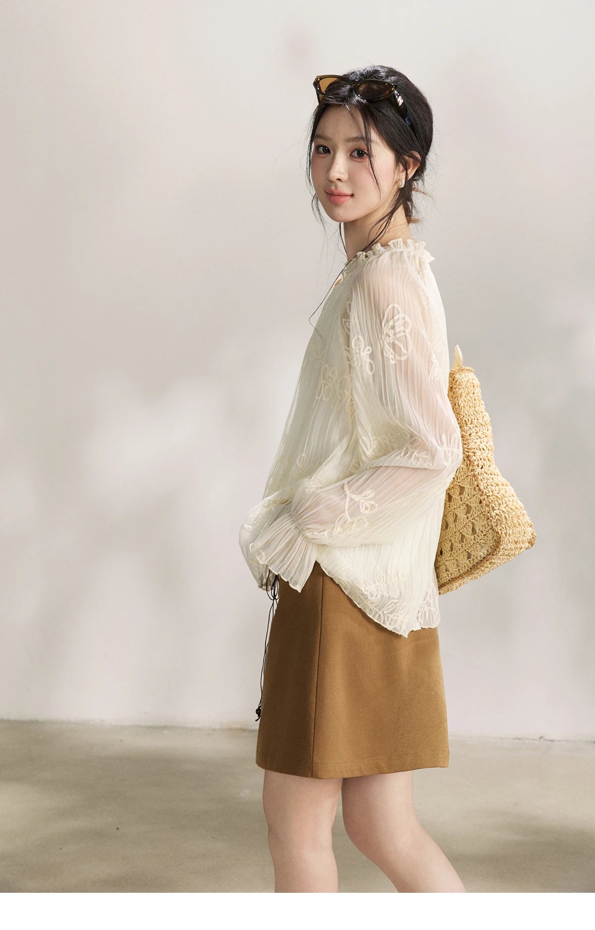 MISHOW Tassel Tie Flower Embroidered Blouse V-Neck Lantern Sleeve MXF13X2525