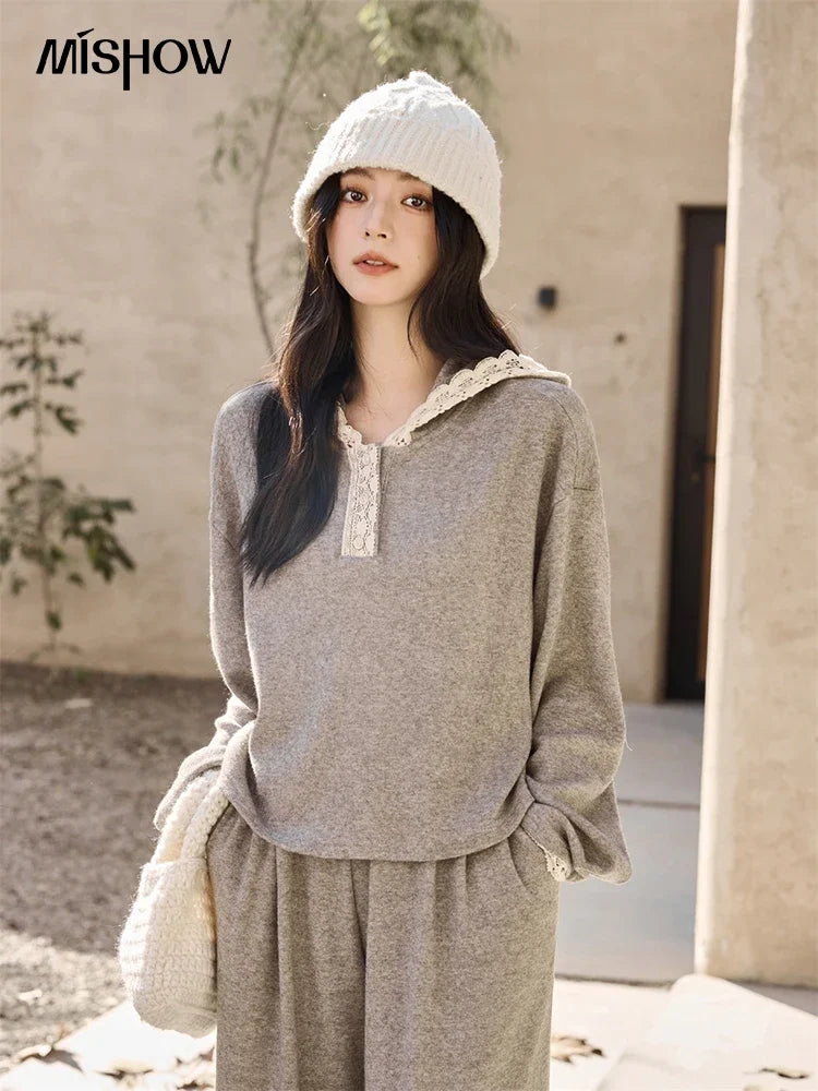Mishow Lace Splicing Hooded Sweatshirt & Wide Leg Pants Set MXD34V0098