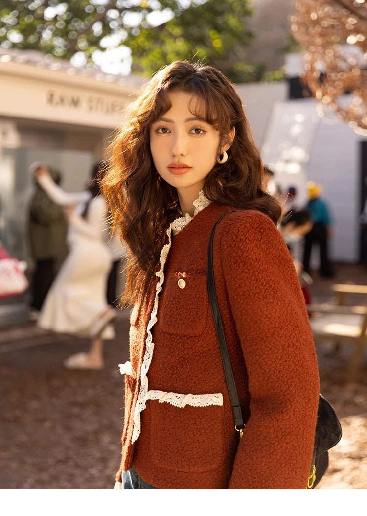 MISHOW Wool Coat Lace Splicing Lamb Wool Button Pockets MXB43W0720