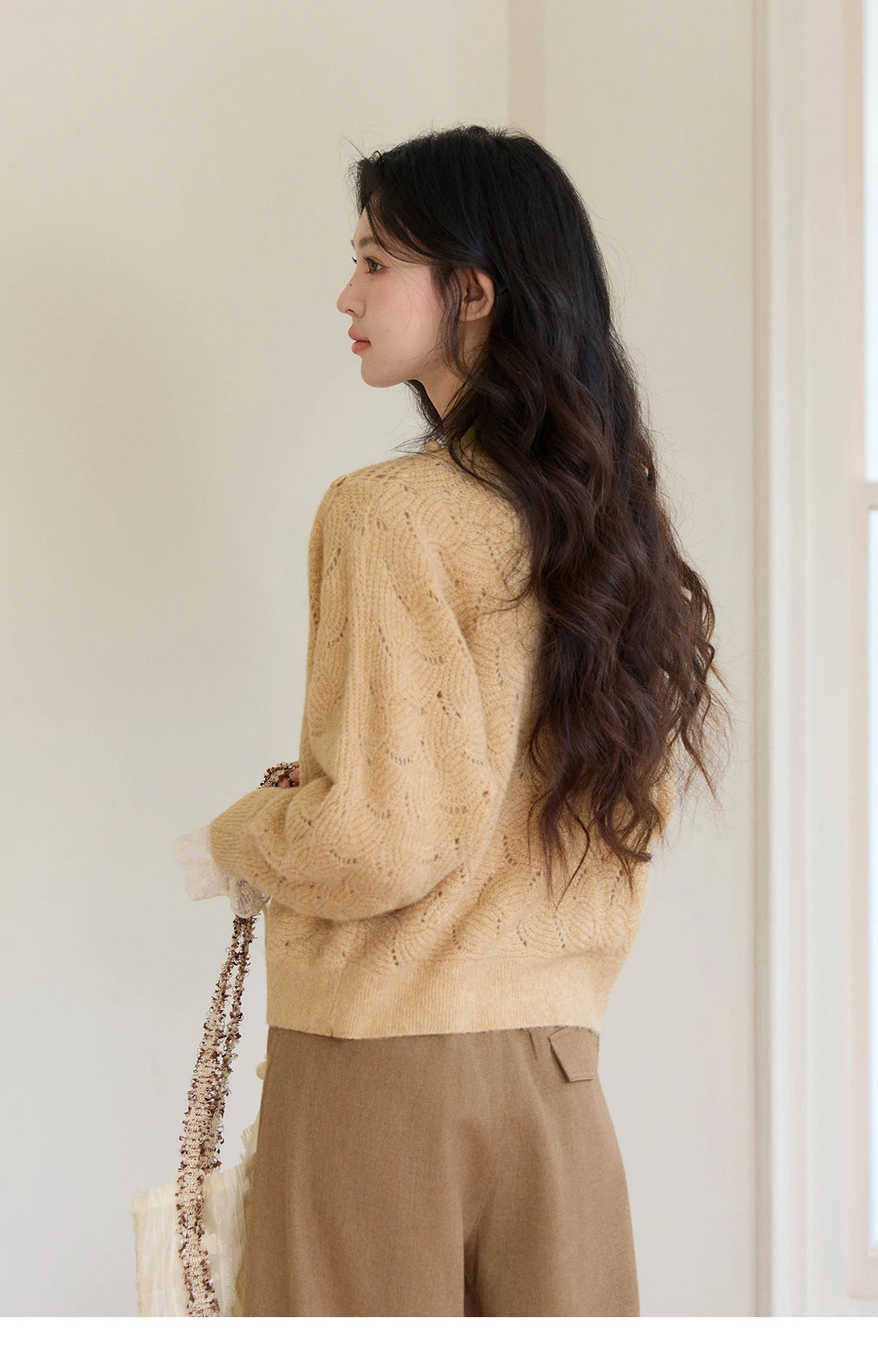 Mishow Hollow-out V-Neck Bobble Knit Cardigan MXF108Z1020