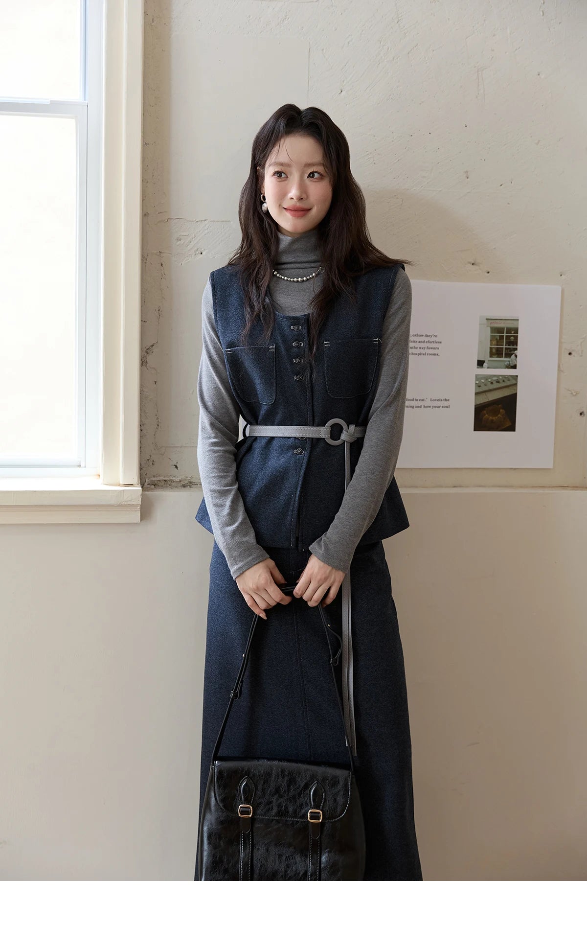 Mishow Blue Sleeveless Vest & Knit Top & Midi Skirt 3-Piece Set MXE49T1421