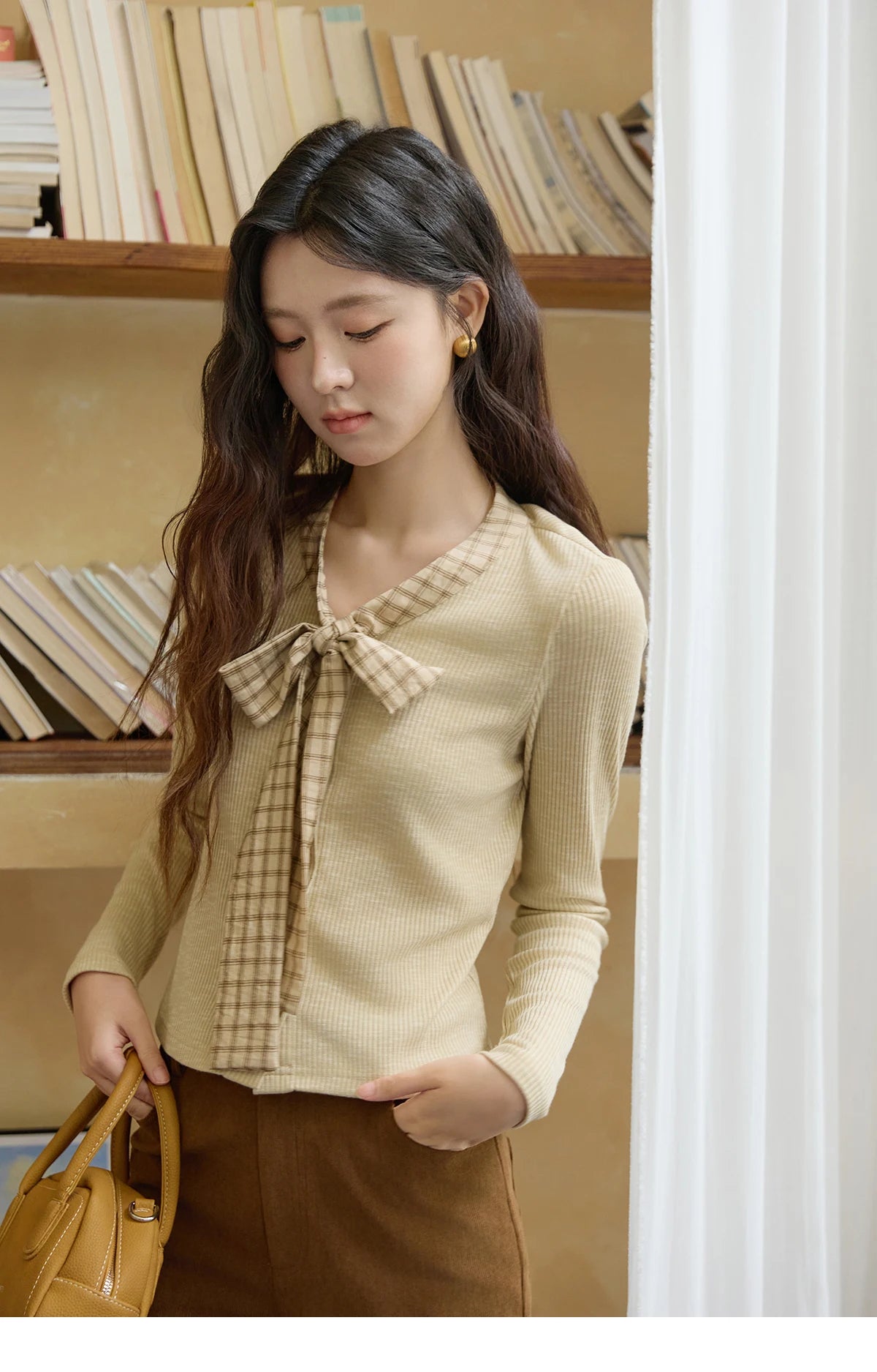 Mishow Yellow Vintage Plaid Bowknot V-Neck Cardigan MXE16Z1168