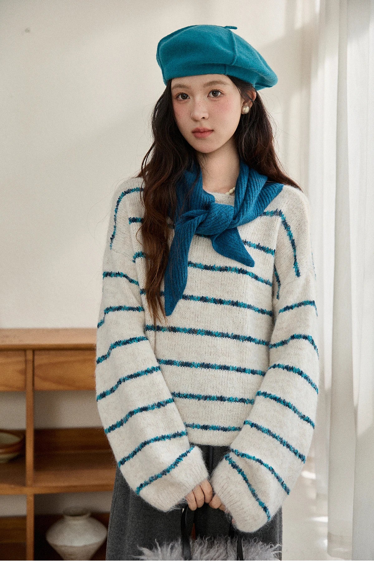 Mishow Blue Striped Alpaca Wool Sweater with Scarf Set MXE90Z2821