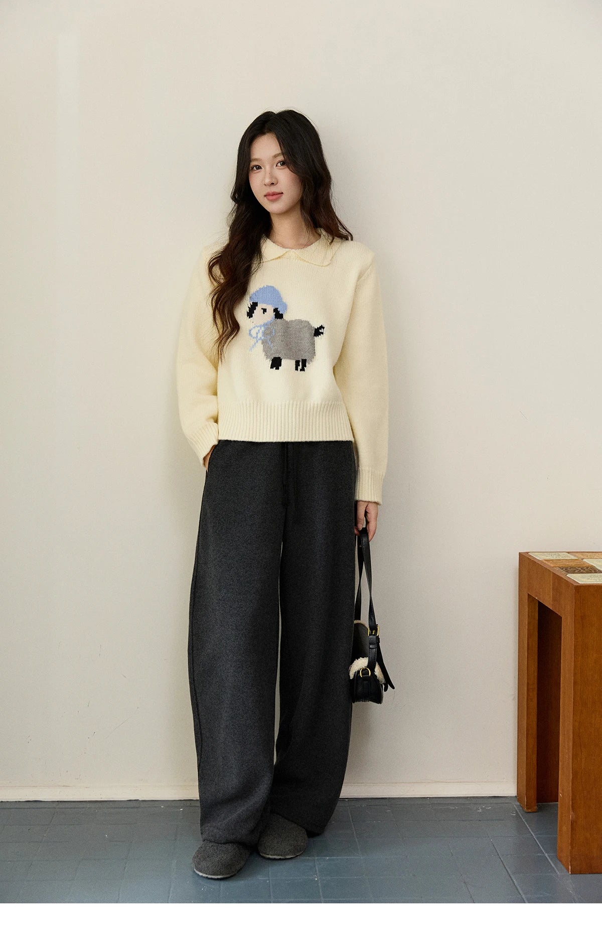 Mishow Beige Sheep Pattern Round Collar Sweater MXE94Z2962