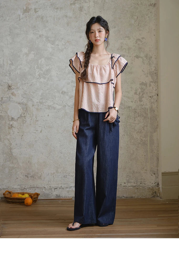Mishow Square Neck Ruffles Plaid Blouse & High Waist Wide Leg Pants Set MXE36T0636