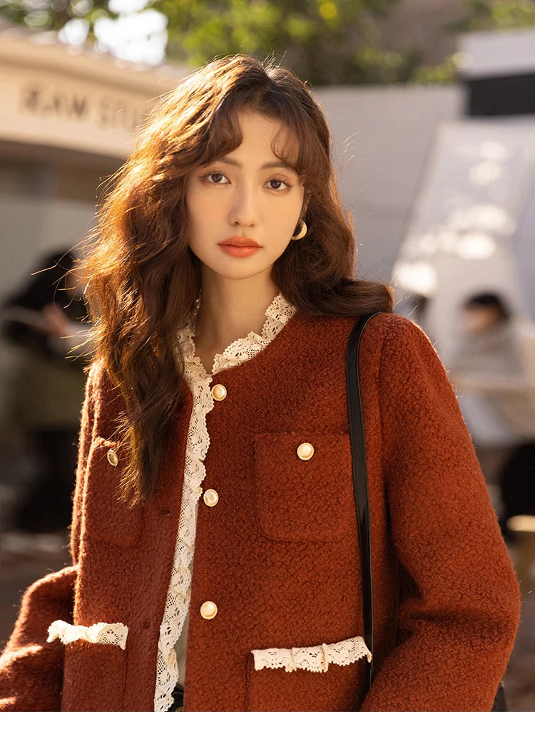 MISHOW Wool Coat Lace Splicing Lamb Wool Button Pockets MXB43W0720