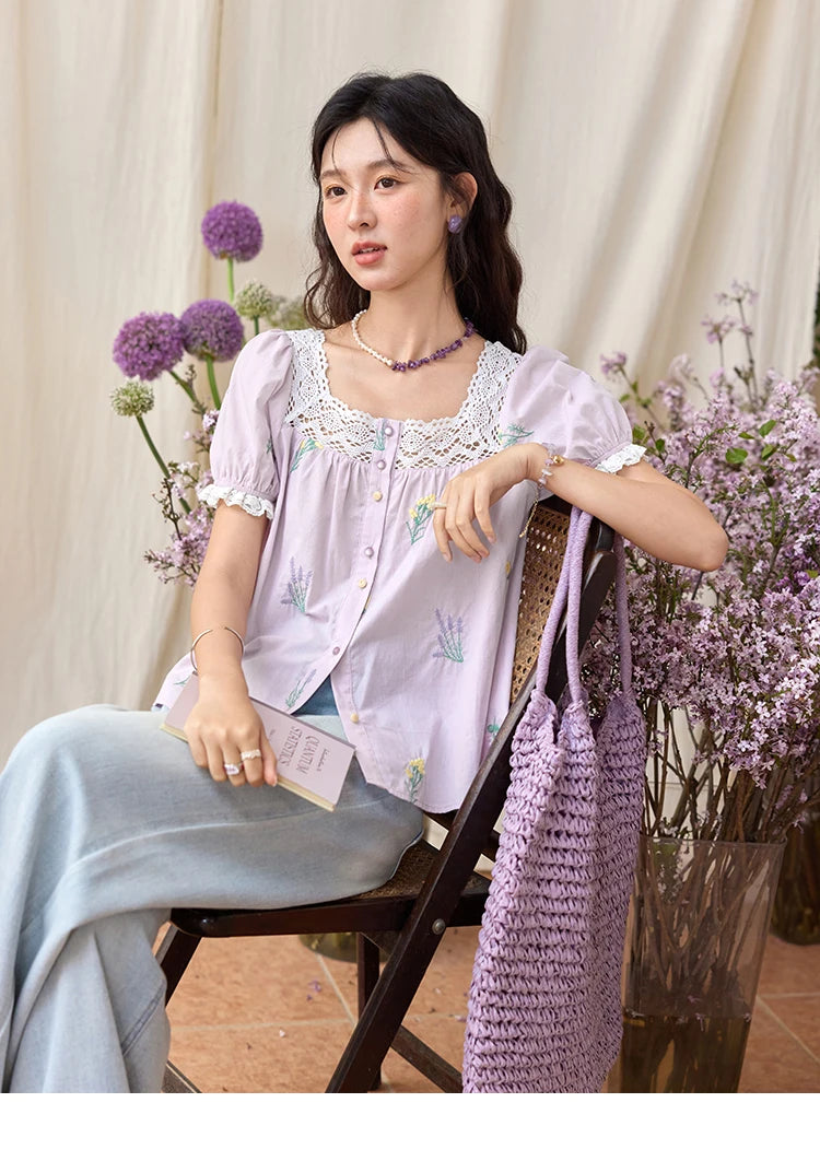 MISHOW Lace Patchwork Square Collar Blouse Puff Sleeve MXE36X1830