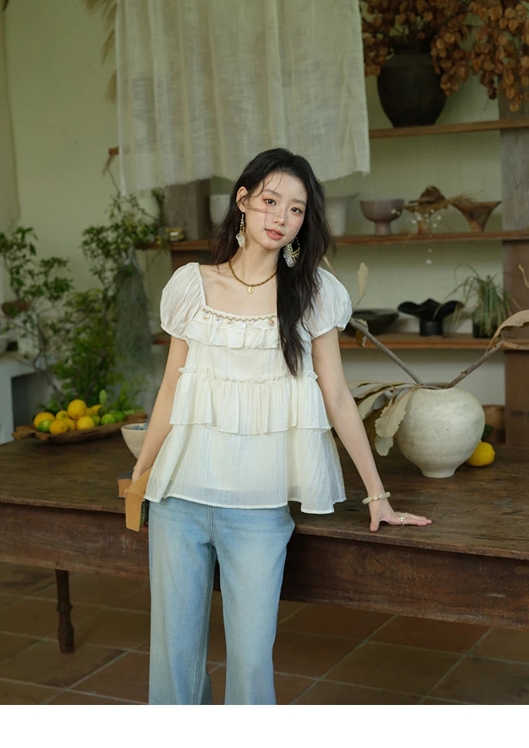 MISHOW Square Collar Puff Sleeve Tiered Blouse MXE33X1763