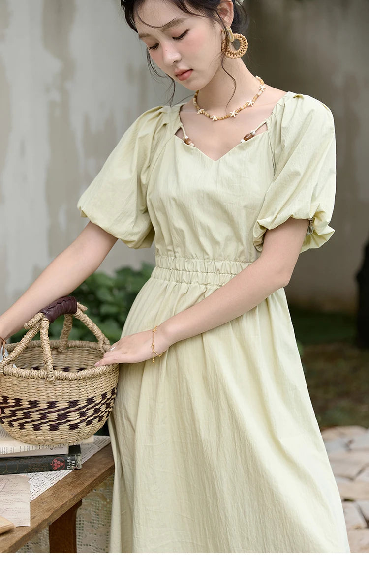 Mishow French V-Neck Bubble Sleeve Back Green Dress MXD22L1825