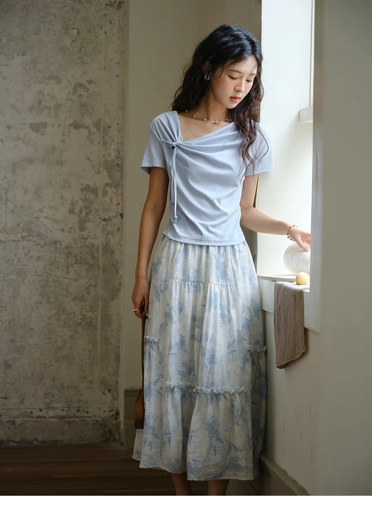 Mishow Lace-Up Print Top & Wide Leg Half Skirt Set MXE35T0596
