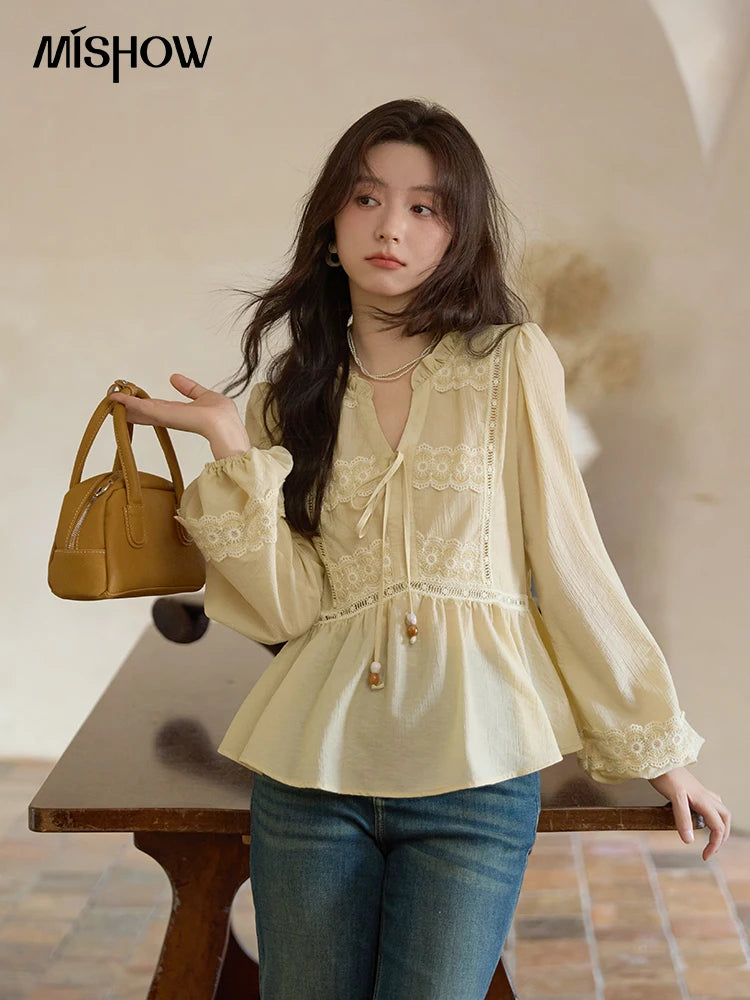 MISHOW French V-Neck Blouse Lace Patchwork Lantern Sleeve MXE41X1925