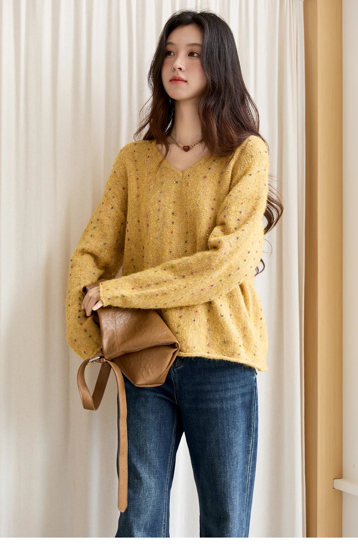 Mishow Retro Yellow Sequins V-Neck Pullover MXE47Z2572