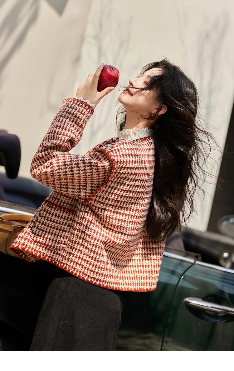 Mishow Red Plaid Double Breasted Tweed Jacket MXD56W0631