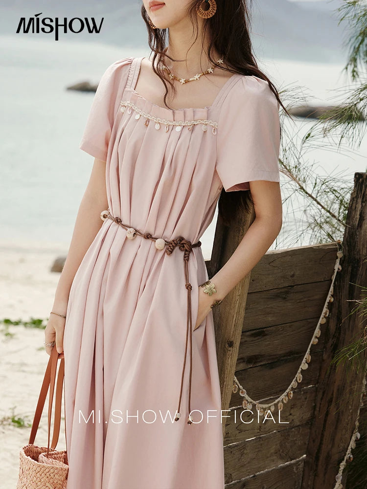 Mishow Bohemian Pink Square Collar Belt Dress MXE33L2158