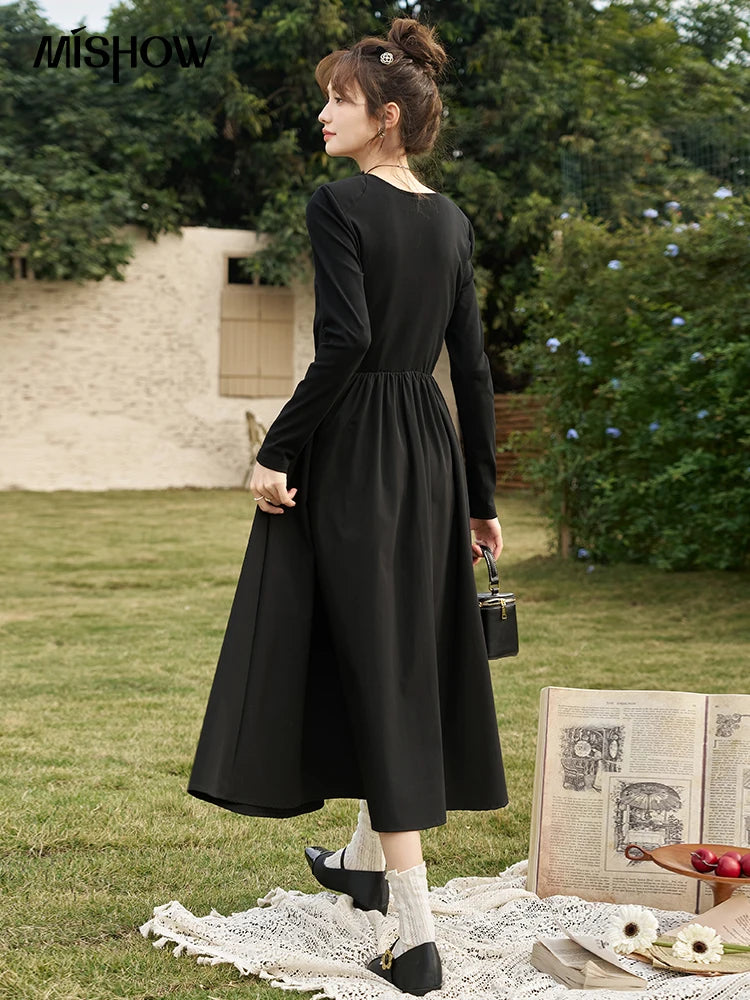 Mishow Black Knitted Smocked V-Neck Dress MXC59L1640