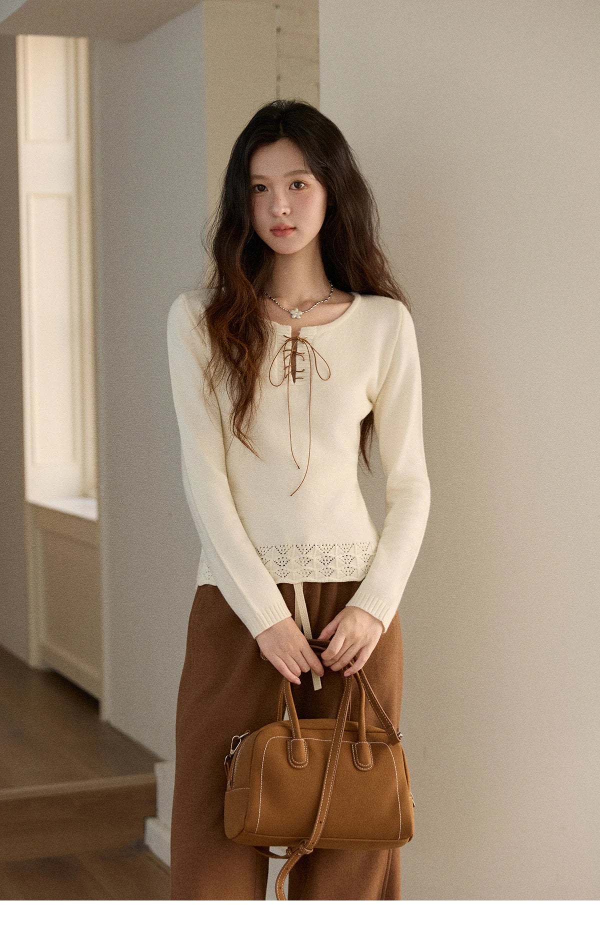 Mishow Beige Contrast French Hem Crochet Sweater MXE89Z2634