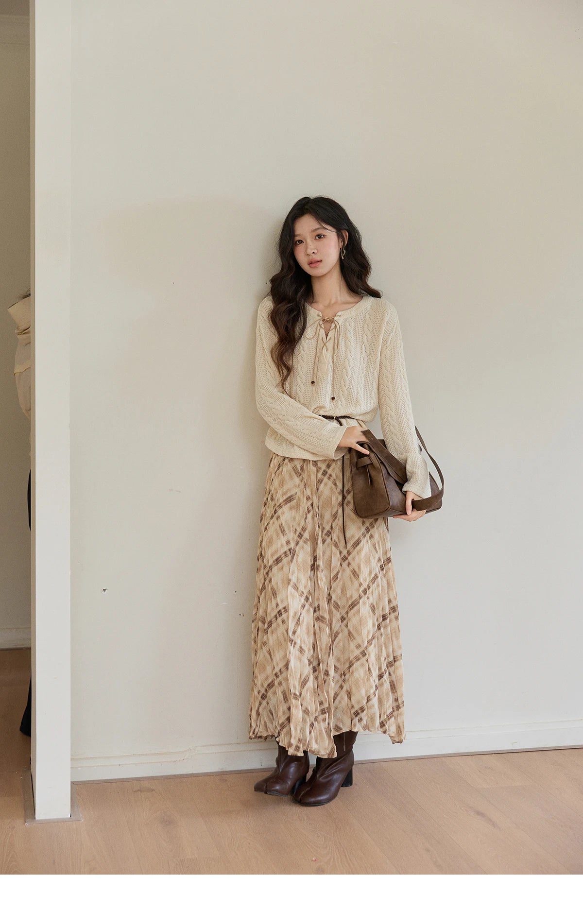 Mishow Beige V-Neck Lace-Up Cable Knit Sweater MXF108Z1029