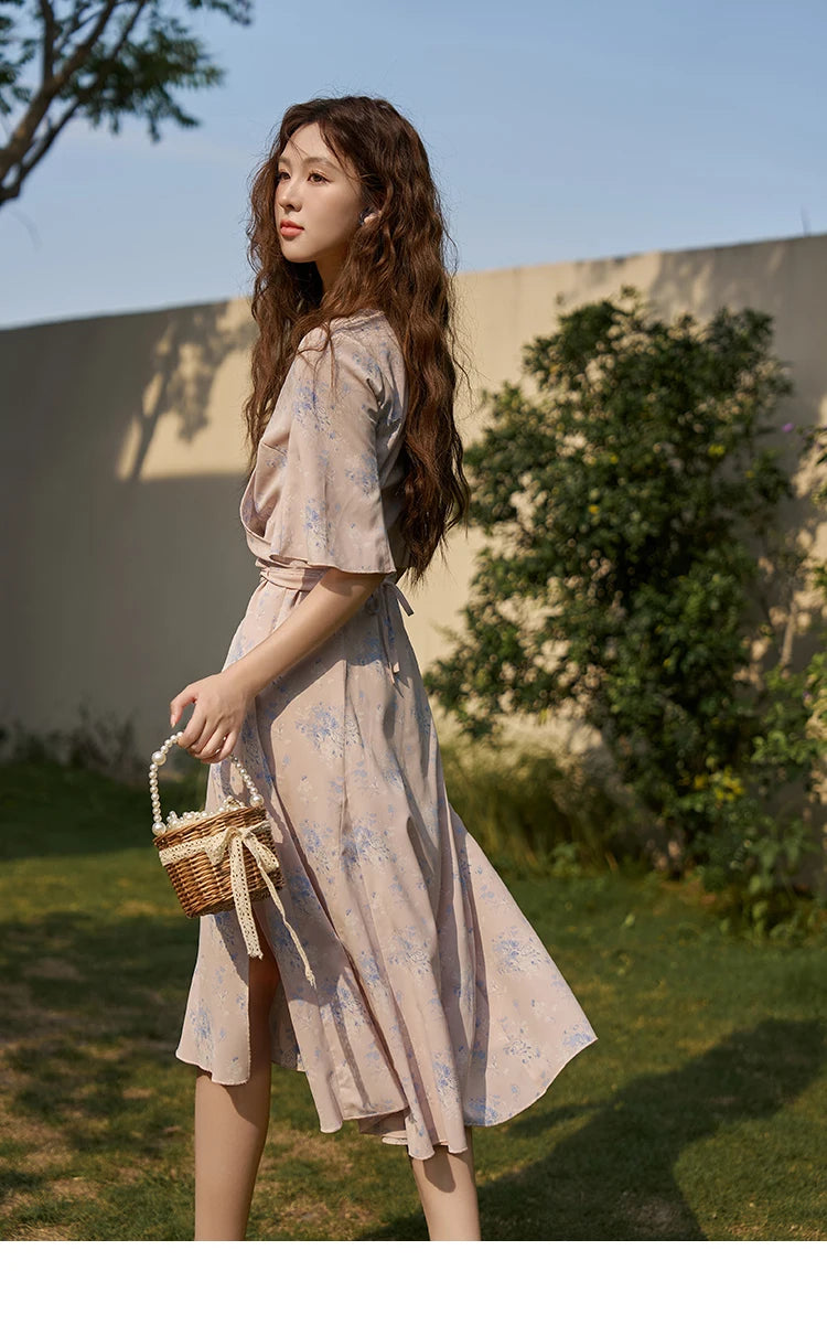 Mishow French Floral Puff Sleeve Lace-Up Dress MXC38L1413