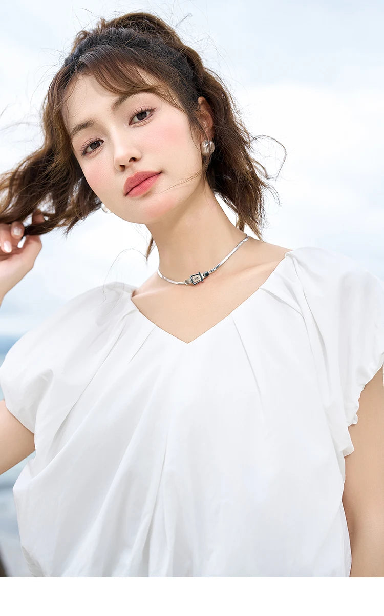 MISHOW French Rear Collar Tie Blouse V-Neck Puff Sleeve MXC38X1275