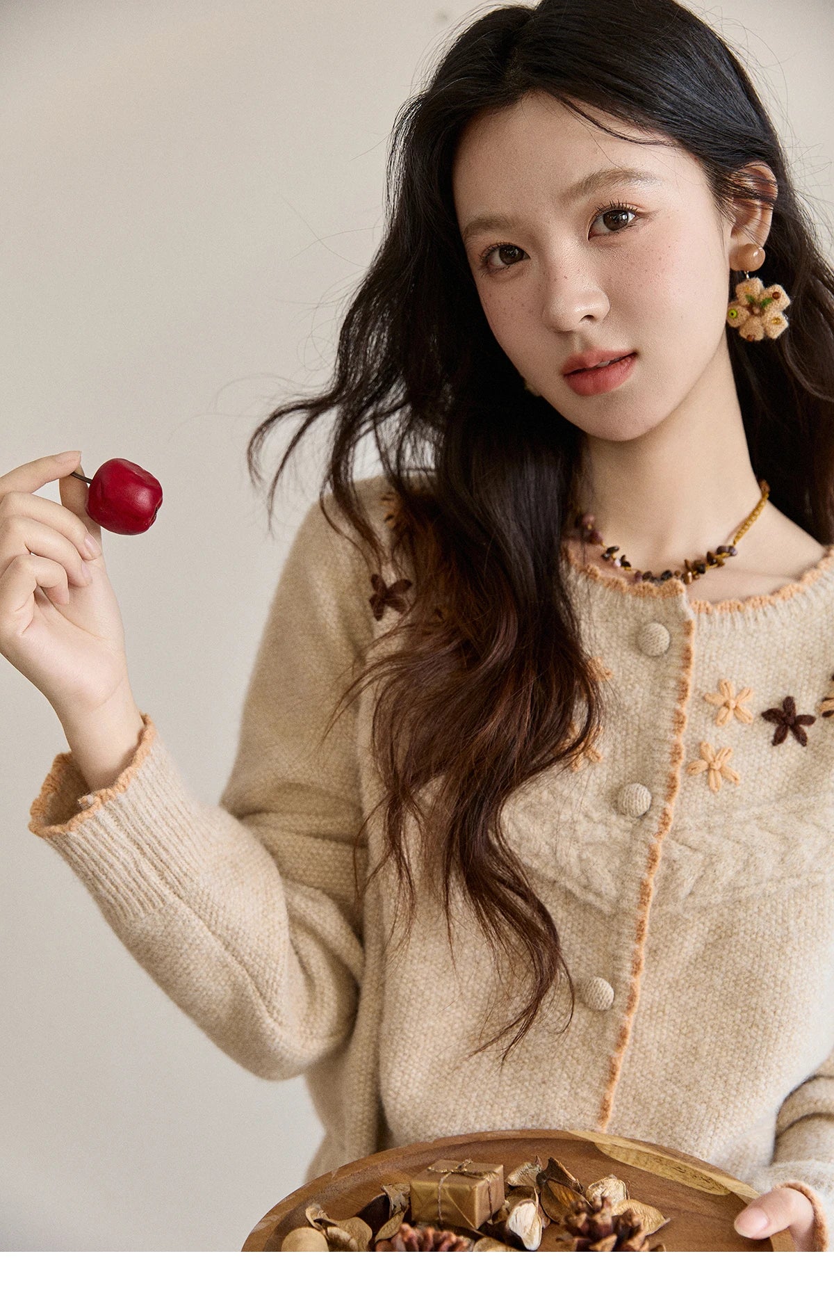 Mishow Apricot Hand-Embroidered Wool Blend Waist Tie Cardigan MXE87Z2702