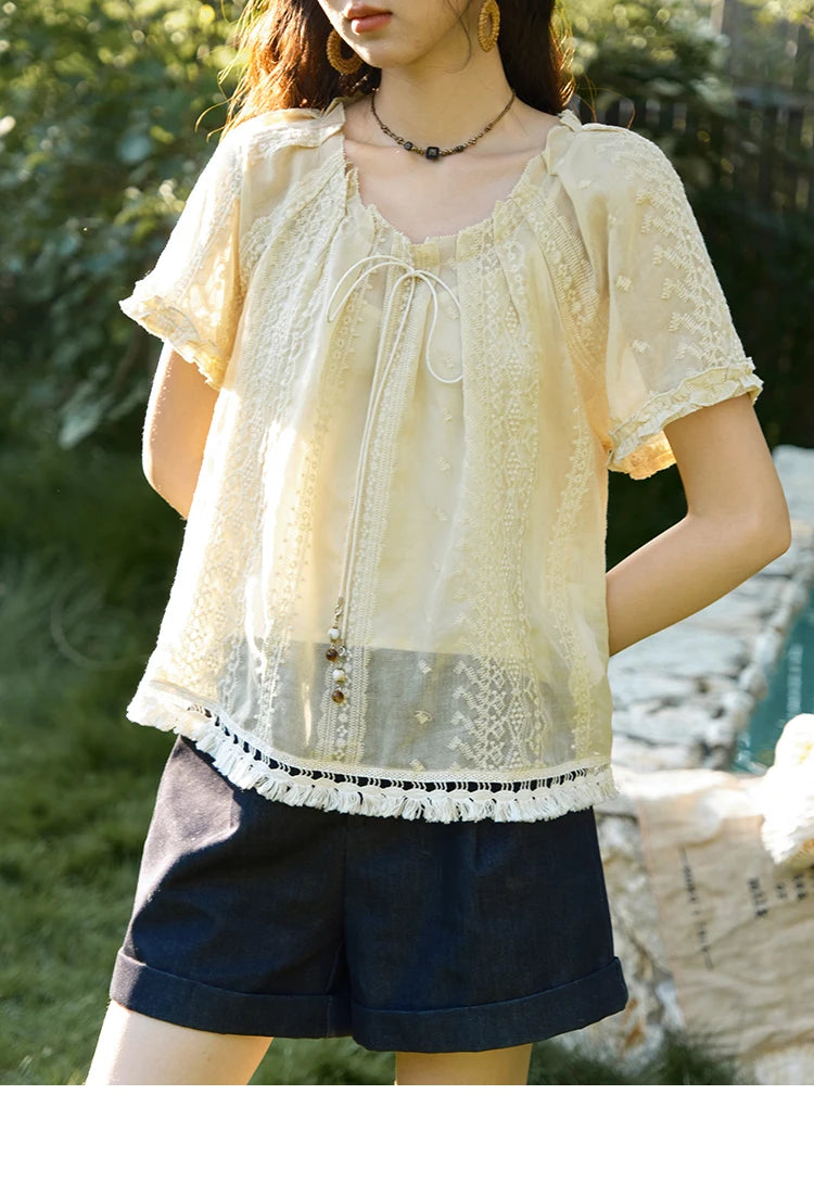 MISHOW Embroidered Jacquard Blouse O-Neck Lace Up MXE37X1861