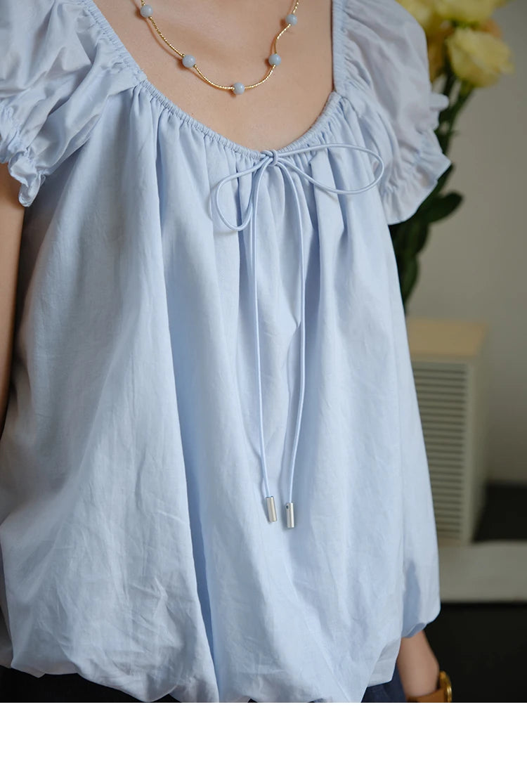 MISHOW Cotton Blouse Puff Sleeve Lace Up O-Neck MXE37X1893