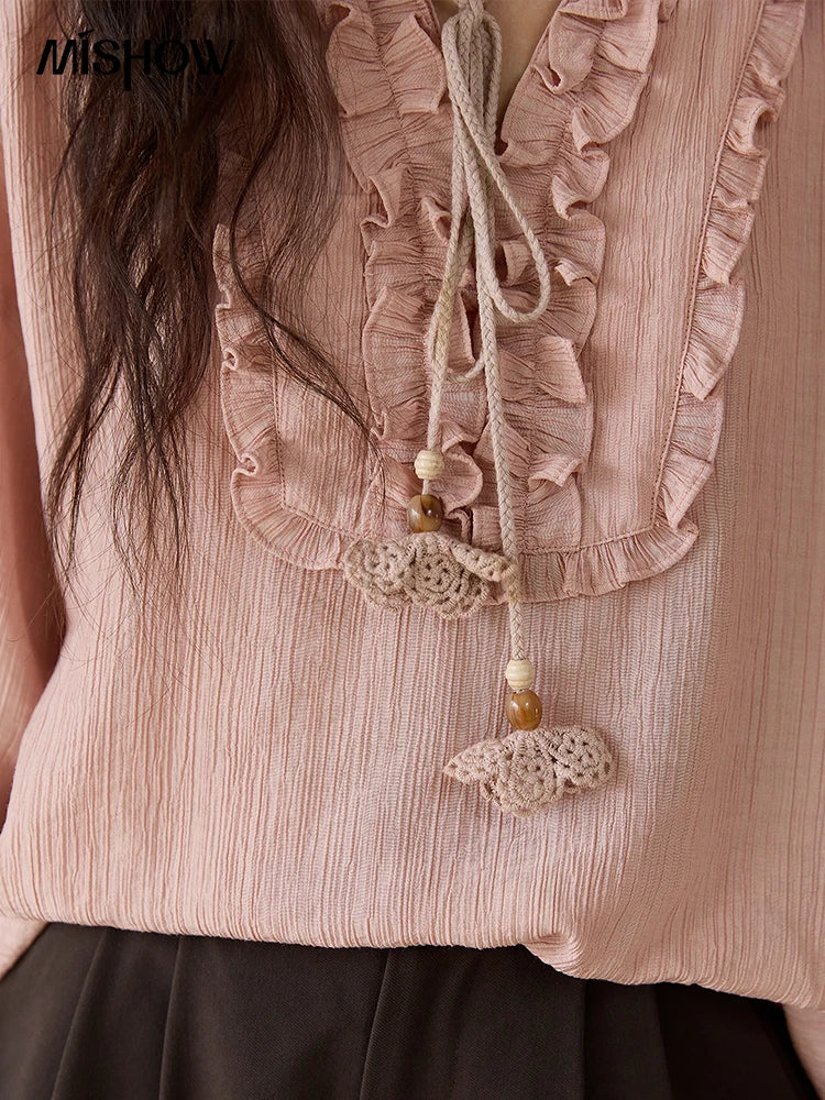 MISHOW Pink Blouse V-Neck Bubble Sleeve Fold Edge MXE45X2485